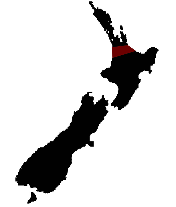 Map of New Zealand with the Waikato and Bay of Plenty highlighted